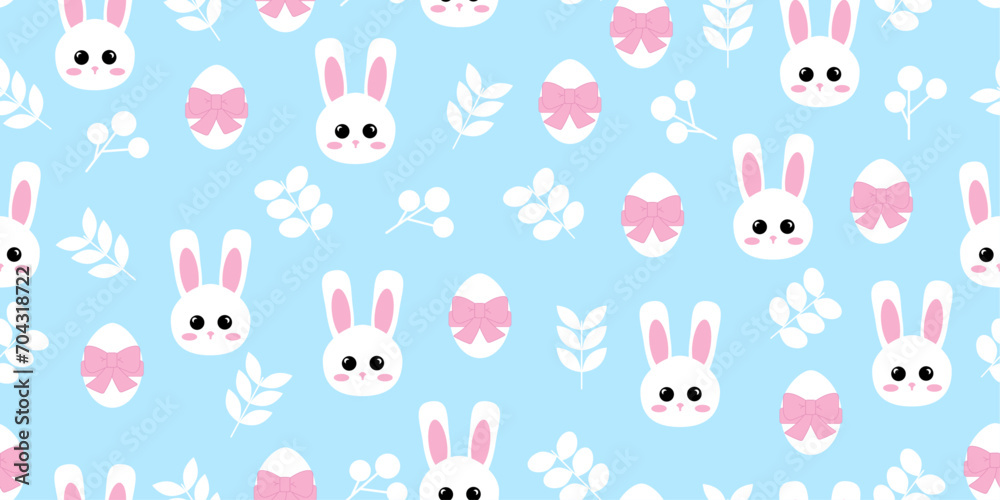 Seamless vector pattern with cute bunnies, twigs and festive eggs on a light background. For packaging,print,banner,card,wallpaper,children's design