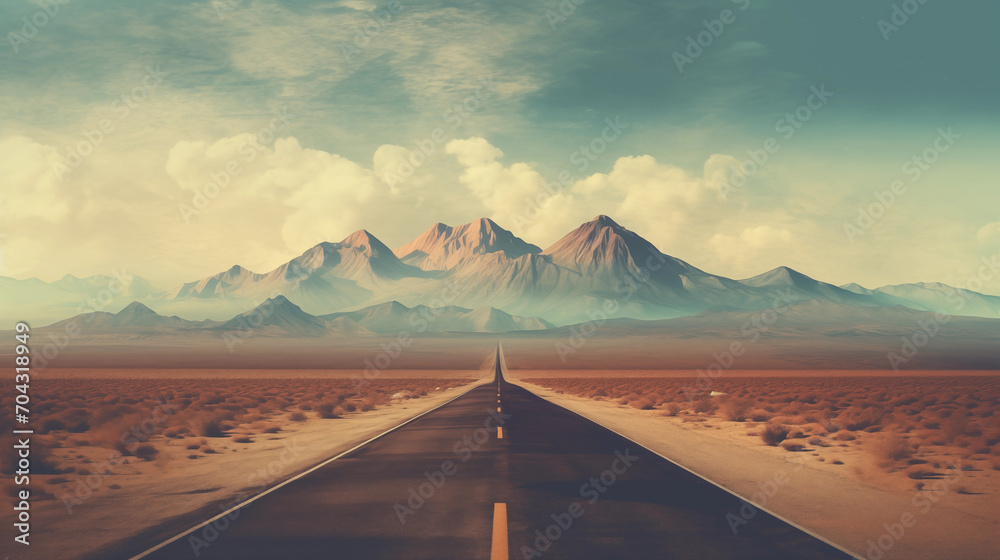 Abstract art background of the road lead to the mountains in retro style  - obrazy, fototapety, plakaty 