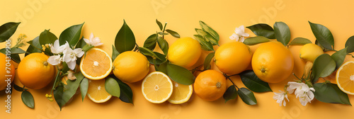 Citrus decorated with citrus leafs on a light orange background