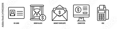 EDC, Computer, Money Envelope, Hour Glass, Id Card editable stroke outline icons set isolated on white background flat vector illustration.