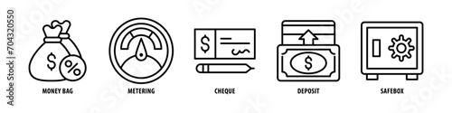 Safebox, Deposit, Cheque, Metering, Money Bag editable stroke outline icons set isolated on white background flat vector illustration.
