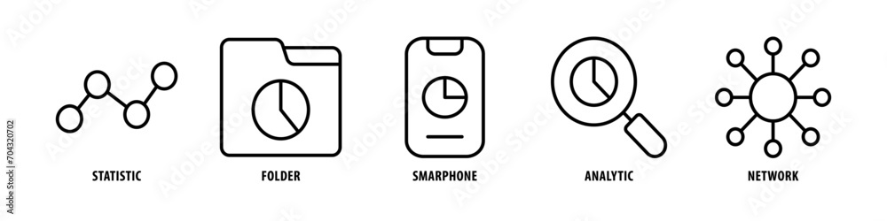 Network, Analytic, Smartphone, Folder, Statistic editable stroke outline icons set isolated on white background flat vector illustration.