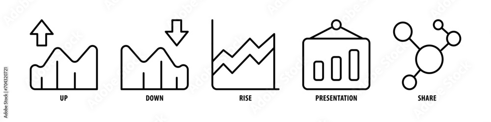 Share, Presentation, Rise, Down, Up editable stroke outline icons set isolated on white background flat vector illustration. Share, Presentation, Rise, Down, Up editable stroke outline icons set isolated on white background flat vector illustration.