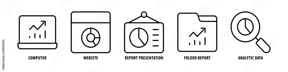 Analytic data, Folder, Report, Report Presentation, Website, Computer editable stroke outline icons set isolated on white background flat vector illustration. Analytic data, Folder, Report, Report Presentation, Website, Computer editable stroke outline icons set isolated on white background flat vector illustration.
