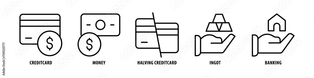 Banking, Ingot, Halving, Credit card, Money Credit card editable stroke outline icons set isolated on white background flat vector illustration. Banking, Ingot, Halving, Credit card, Money Credit card editable stroke outline icons set isolated on white background flat vector illustration.