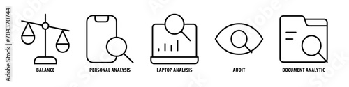 Document analytic, Audit, Laptop Analysis, Personal Analysis, Balance editable stroke outline icons set isolated on white background flat vector illustration.