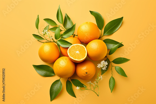 Citrus decorated with citrus leafs on a light orange background