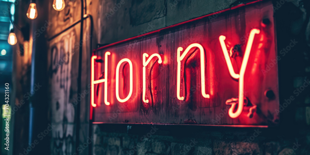 A Horny neon sign text poster.