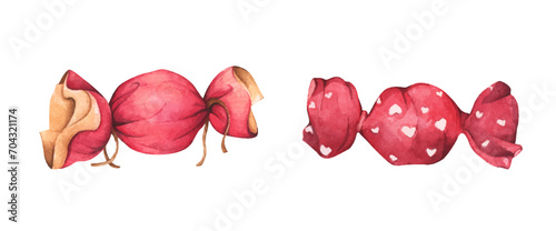 Set of Candy in different wrappers. Sugar product in various colors and patterns packing painted in watercolor. Toffee packet. Valentine's Day, children's holidays, gifts.
