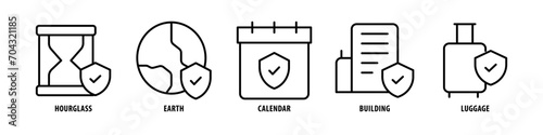 Luggage, Building, Calendar, Earth, Hourglass editable stroke outline icons set isolated on white background flat vector illustration.