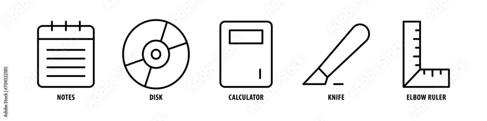 Eraser, Gauge, Document envelop, Ink, Correction fluid editable stroke outline icons set isolated on white background flat vector illustration. Eraser, Gauge, Document envelop, Ink, Correction fluid editable stroke outline icons set isolated on white background flat vector illustration.
