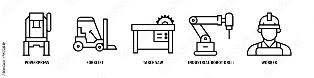Worker, Industrial robot drill, Table saw, Forklift, Power press editable stroke outline icons set isolated on white background flat vector illustration. Worker, Industrial robot drill, Table saw, Forklift, Power press editable stroke outline icons set isolated on white background flat vector illustration.