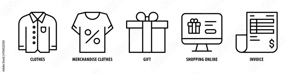 Invoice, Shopping Online, Gift, Merchandise, Clothes editable stroke outline icons set isolated on white background flat vector illustration. Invoice, Shopping Online, Gift, Merchandise, Clothes editable stroke outline icons set isolated on white background flat vector illustration.
