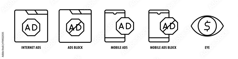 Eye, Mobile Ads, Block Mobile Ads, Ads Block, Internet ads editable stroke outline icons set isolated on white background flat vector illustration. Eye, Mobile Ads, Block Mobile Ads, Ads Block, Internet ads editable stroke outline icons set isolated on white background flat vector illustration.