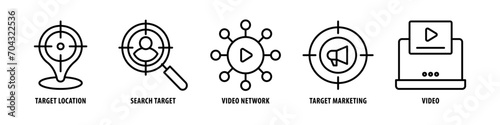 Video, Target Marketing, Video Network, Search Target, Target Location editable stroke outline icons set isolated on white background flat vector illustration.