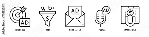 Magnet, Web, Podcast, Newsletter, Filter, Target Ads editable stroke outline icons set isolated on white background flat vector illustration.