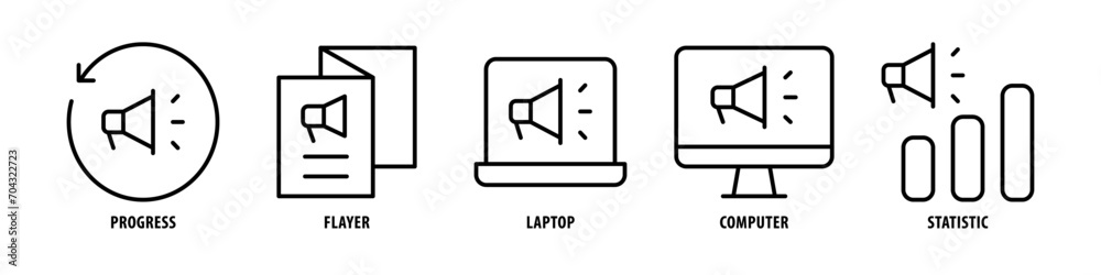 Statistic, Computer, Laptop, Flyer, Progress editable stroke outline icons set isolated on white background flat vector illustration. Statistic, Computer, Laptop, Flyer, Progress editable stroke outline icons set isolated on white background flat vector illustration.