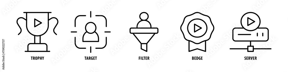 Server, Badge, Filter, Target, Trophy editable stroke outline icons set isolated on white background flat vector illustration. - obrazy, fototapety, plakaty 