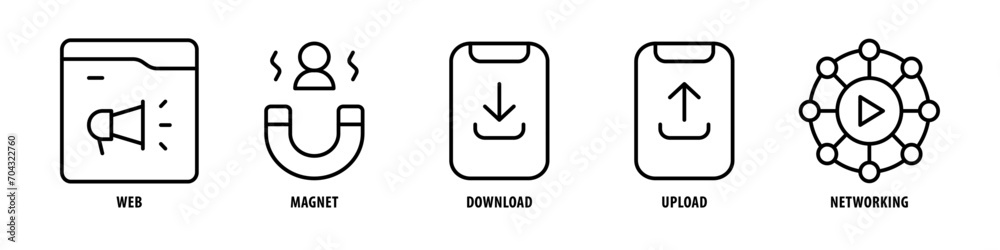 Networking, Upload, Download, Magnet, Web editable stroke outline icons set isolated on white background flat vector illustration. Networking, Upload, Download, Magnet, Web editable stroke outline icons set isolated on white background flat vector illustration.