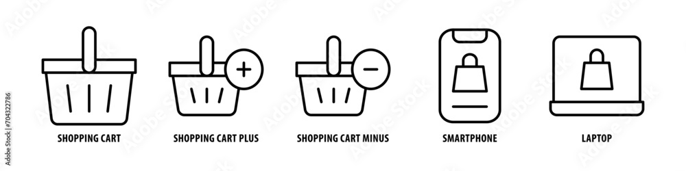 Laptop, Smartphone, Shopping cart minus, Shopping cart plus, Shopping cart editable stroke outline icons set isolated on white background flat vector illustration. Laptop, Smartphone, Shopping cart minus, Shopping cart plus, Shopping cart editable stroke outline icons set isolated on white background flat vector illustration.