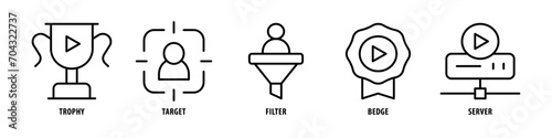 Server, Badge, Filter, Target, Trophy editable stroke outline icons set isolated on white background flat vector illustration.