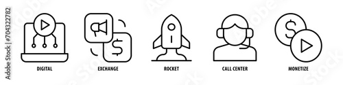 Monetize, Call Center, Rocket, Exchange, Digital editable stroke outline icons set isolated on white background flat vector illustration.