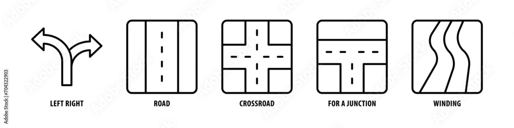 Winding, For a junction, Crossroad, Road, Left, Right editable stroke outline icons set isolated on white background flat vector illustration. Winding, For a junction, Crossroad, Road, Left, Right editable stroke outline icons set isolated on white background flat vector illustration.