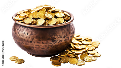 copper pot of gold with gold coins, on transparent background