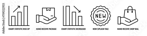 Hand, Receive, Shop, Bag, New, Chart statistic decreased, Hand, Receive, Package, Chart statistic rise up editable stroke outline icons set isolated on white background flat vector illustration.