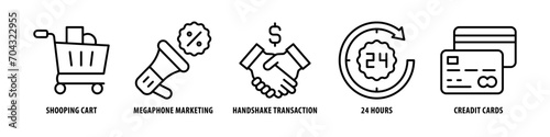 Credit cards, 24 hours, Handshake, Transaction, Megaphone, Marketing, Shopping cart editable stroke outline icons set isolated on white background flat vector illustration. photo