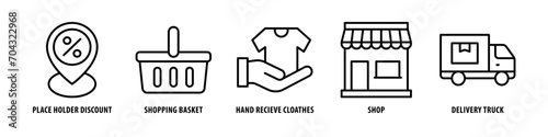 Delivery, Truck, Shop, Hand, Receive, Clothes, Shopping basket, Place holder discount editable stroke outline icons set isolated on white background flat vector illustration.