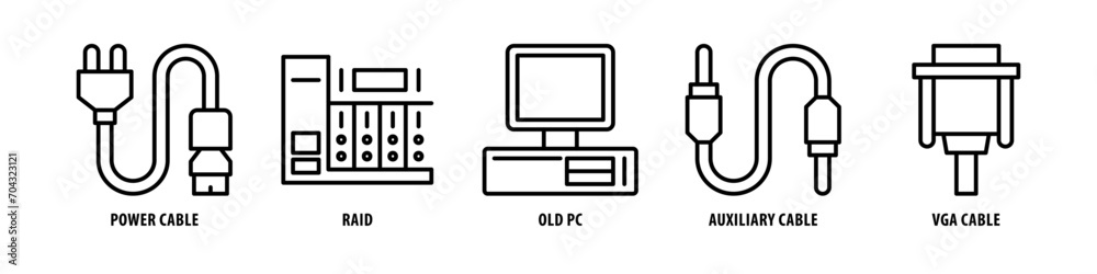 VGA Cable, Auxiliary Cable, Old PC, Raid, Power Cable editable stroke outline icons set isolated on white background flat vector illustration. VGA Cable, Auxiliary Cable, Old PC, Raid, Power Cable editable stroke outline icons set isolated on white background flat vector illustration.
