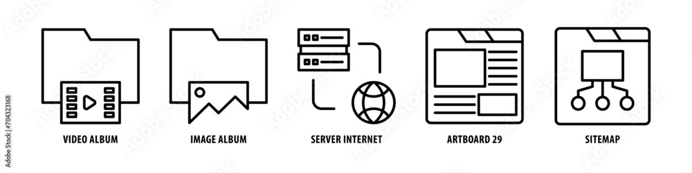 Sitemap, Artboard 29, Server Internet, Image Album, Video Album editable stroke outline icons set isolated on white background flat vector illustration.