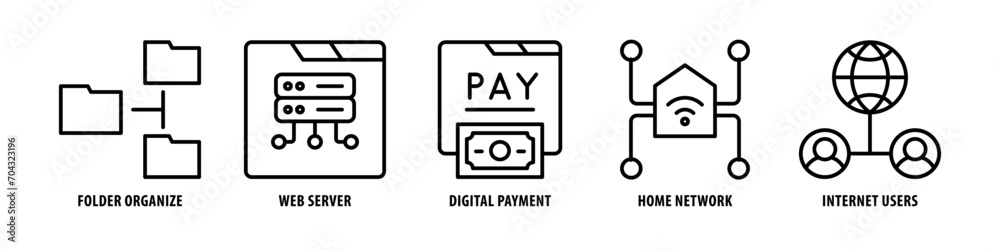 Internet users, Home Network, Digital Payment, Web Server, Folder Organize editable stroke outline icons set isolated on white background flat vector illustration. Internet users, Home Network, Digital Payment, Web Server, Folder Organize editable stroke outline icons set isolated on white background flat vector illustration.