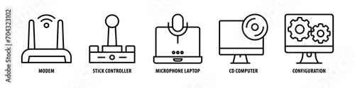 Configuration, CD, Computer, Microphone, Laptop, Stick Controller, Modem editable stroke outline icons set isolated on white background flat vector illustration.