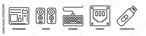 Flashdisk, Stick, Ethernet, Keyboard, Speaker, Motherboard editable stroke outline icons set isolated on white background flat vector illustration.