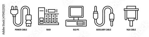 VGA Cable, Auxiliary Cable, Old PC, Raid, Power Cable editable stroke outline icons set isolated on white background flat vector illustration.