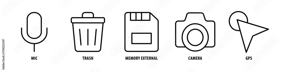 GPS, Camera, Memory external, Trash, Mic editable stroke outline icons set isolated on white background flat vector illustration. GPS, Camera, Memory external, Trash, Mic editable stroke outline icons set isolated on white background flat vector illustration.