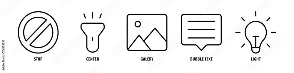 Light, Bubble Text, Gallery, Center, Stop editable stroke outline icons set isolated on white background flat vector illustration. Light, Bubble Text, Gallery, Center, Stop editable stroke outline icons set isolated on white background flat vector illustration.