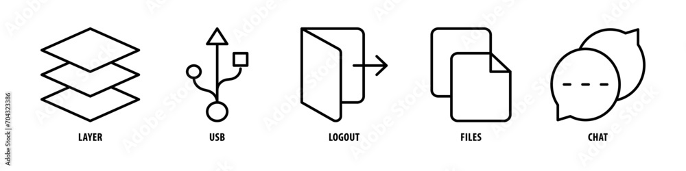 Chat, Files, Logout, USB, Layer editable stroke outline icons set isolated on white background flat vector illustration.