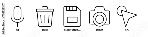 GPS, Camera, Memory external, Trash, Mic editable stroke outline icons set isolated on white background flat vector illustration.