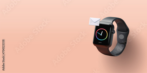 Smart watch 3d render illustration with analog clock face and message notification envelope hanging above