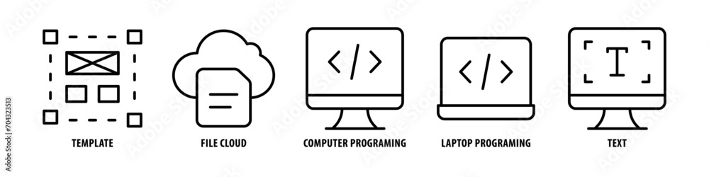 Text, Laptop Programing, Computer programing, File Cloud, Template editable stroke outline icons set isolated on white background flat vector illustration. Text, Laptop Programing, Computer programing, File Cloud, Template editable stroke outline icons set isolated on white background flat vector illustration.