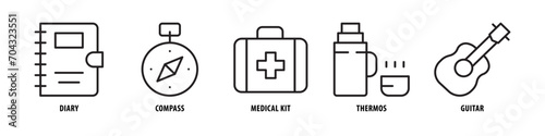 Guitar, Thermos, Medical Kit, Compass, Diary editable stroke outline icons set isolated on white background flat vector illustration.