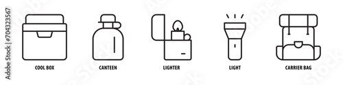Carrier Bag, Light, Lighter, Canteen, Cool Box editable stroke outline icons set isolated on white background flat vector illustration.