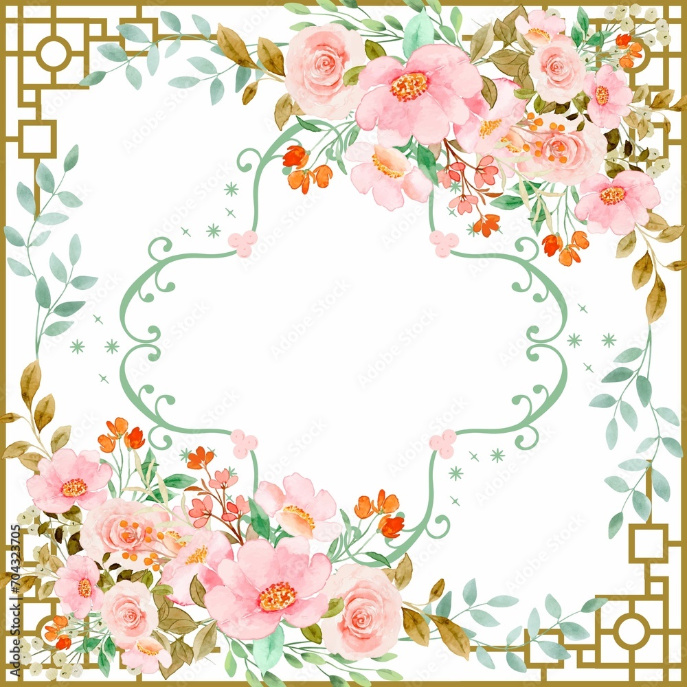 Vintage frame with roses, leaves and butterflies.