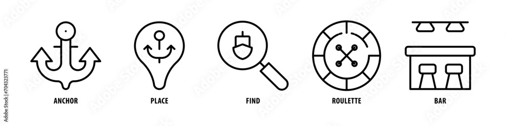 Bar, Roulette, Find, Place, Anchor editable stroke outline icons set isolated on white background flat vector illustration. Bar, Roulette, Find, Place, Anchor editable stroke outline icons set isolated on white background flat vector illustration.