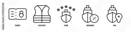 Pin, Discount, Star, Life vest, Ticket editable stroke outline icons set isolated on white background flat vector illustration.