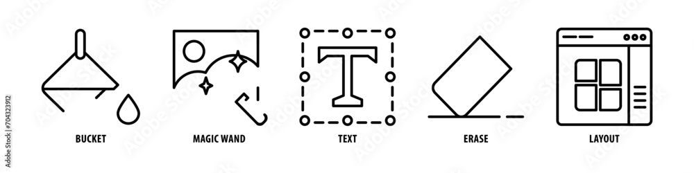Layout, Erase, Text, Magic Wand, Bucket editable stroke outline icons set isolated on white background flat vector illustration. Layout, Erase, Text, Magic Wand, Bucket editable stroke outline icons set isolated on white background flat vector illustration.