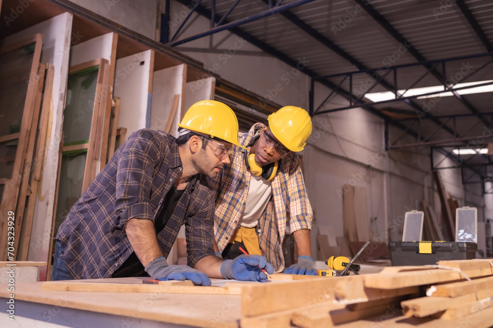 Young affrican american and white men carpenter labor, craftman working in wood workshop together, talking. Timber industry and furniture industry. Young affrican american and white men carpenter labor, craftman working in wood workshop together, talking. Timber industry and furniture industry.